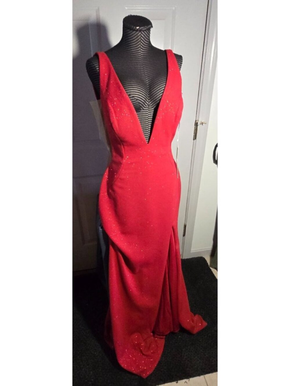 Jovani JVN 08174B Red Glitter Formal Gown With Deep V-Neck & High Slit Size 16 N